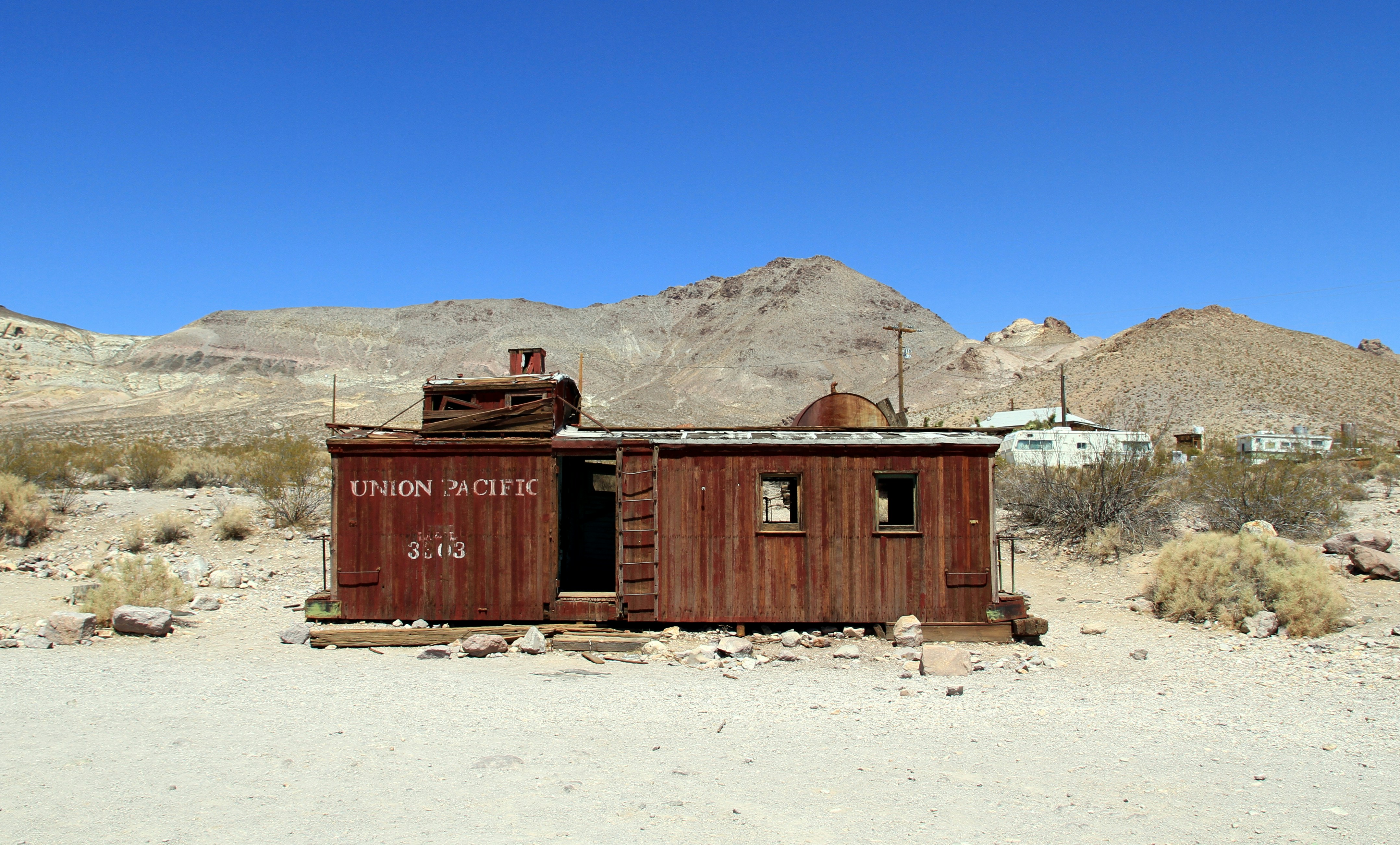 Union Pacific, wodden cabin in the desert, Nevada, USA, July 2012